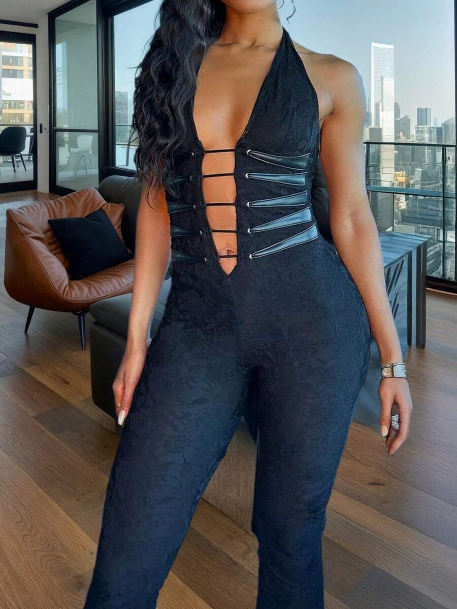 Combinaison dos nu en dentelle à col en V profond et à nouer