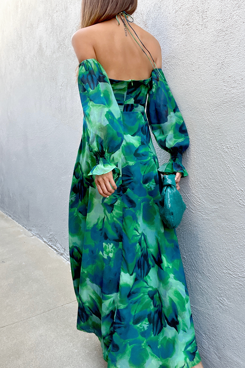 Robe longue Karma - Motif floral vert